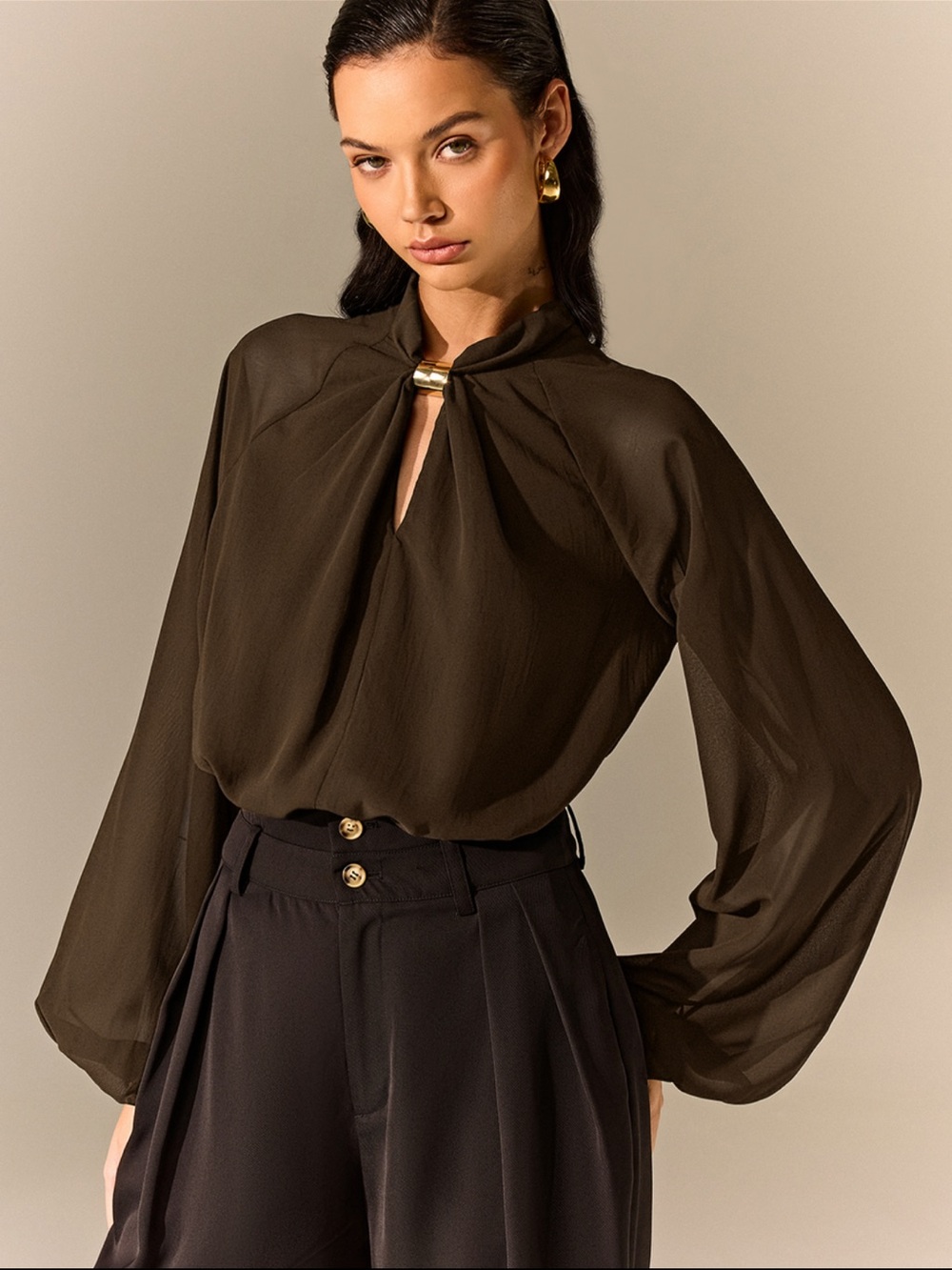 Commense Elegant Brown Keyhole Blouse with Gold Accent